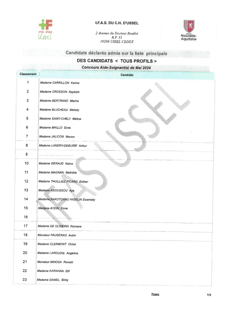 Résultats sélection Aide Soignant-e - Mai2024 (Admission en formation) - Page 1/2